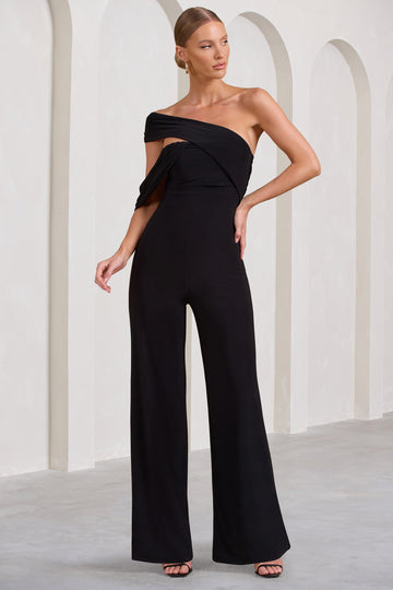 Candy Black Asymmetric One Shoulder Ruched Jumpsuit